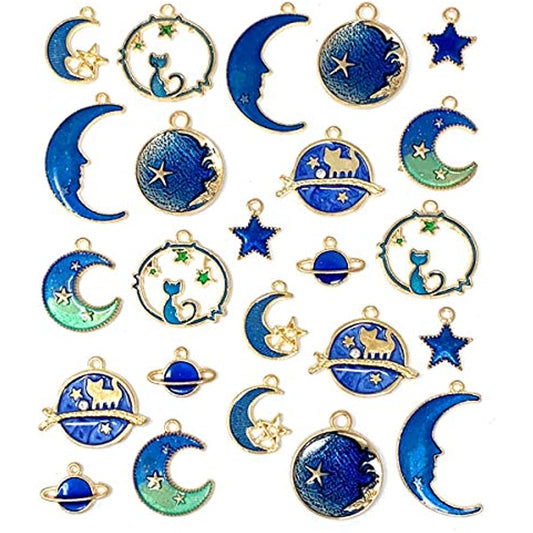 24 pcs Sparkling Zinc Alloy Moon and Star Charm Pendants for DIY Jewelry Making and Crafting