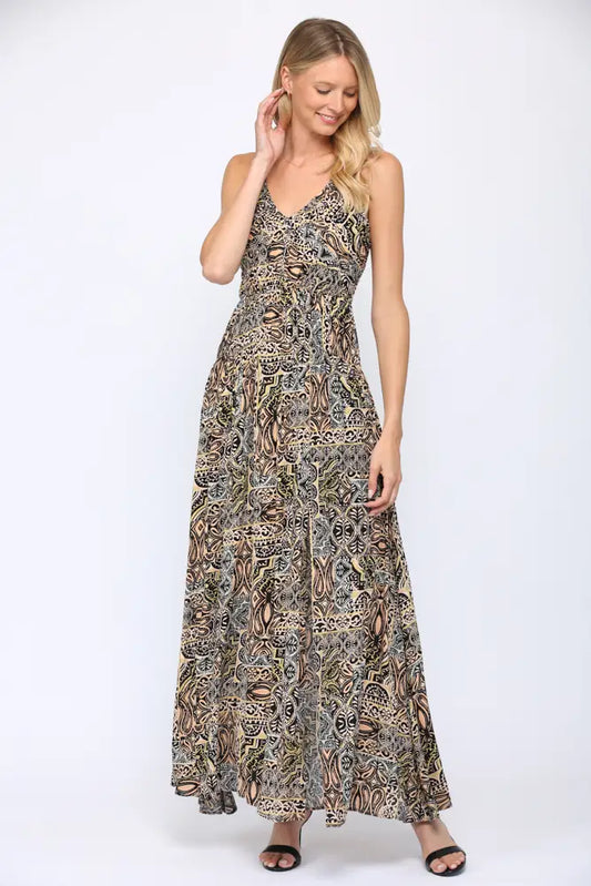 AZTEC PRINT TIE NECK SHIRRED DETAIL MAXI DRESS