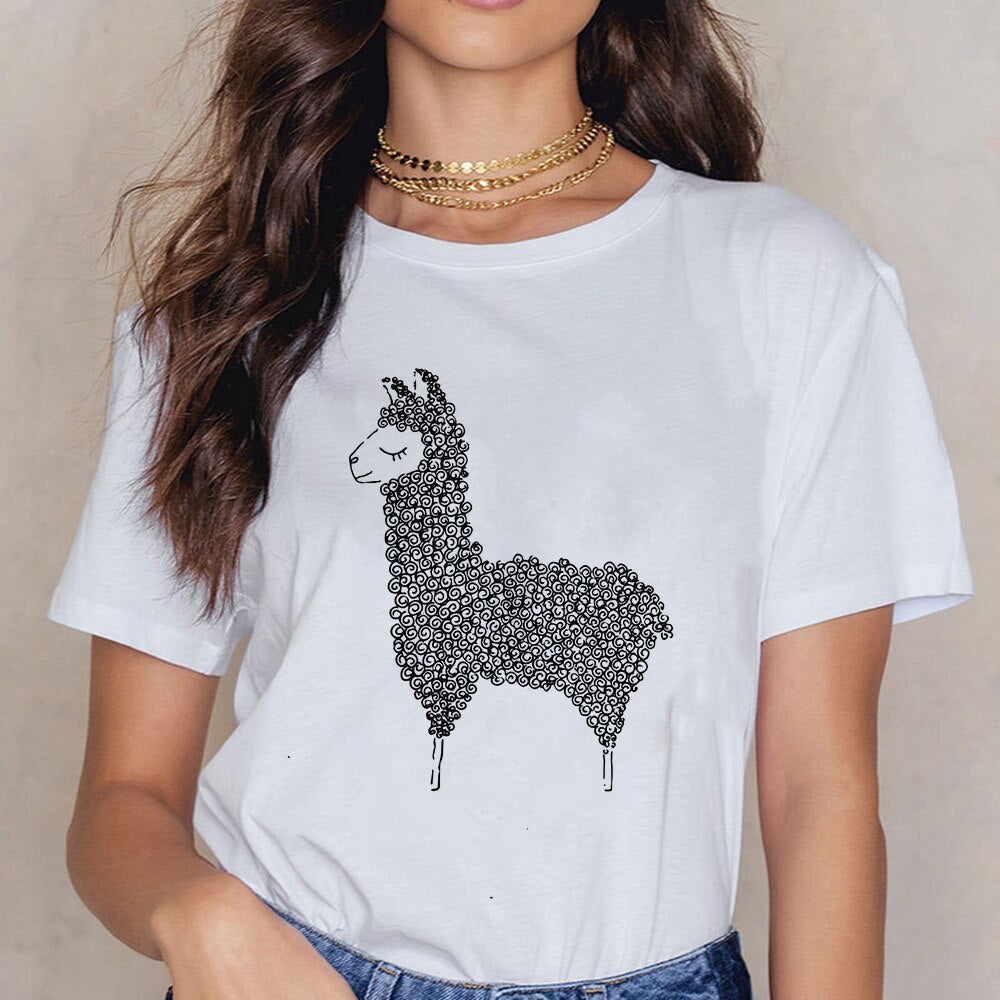 Alpaca Animal Punk Tshirt  Round Neck Attractive Design