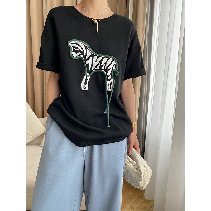 3d Zebra Embroidery T Shirt Short Sleeve Summer Short Sleeve