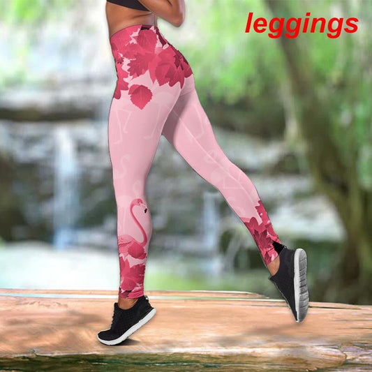 3D Pink Flamingo Print Yoga Suit Sports Tank Leggings